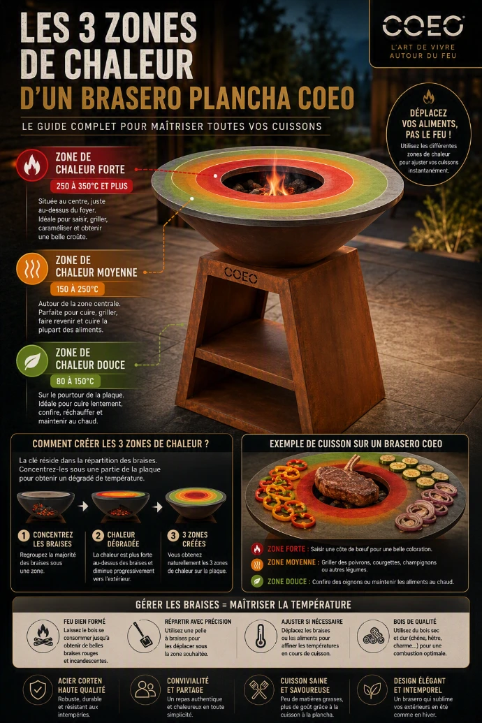 Infographie expliquant les 3 zones de chaleur d'un brasero plancha COEO et la répartition des températures sur la plaque de cuisson.